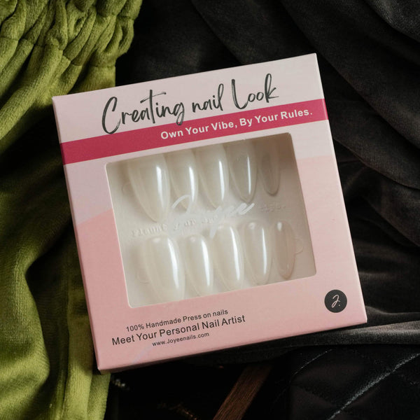 Clean Pearl handmade press-on nails featuring white chrome nails