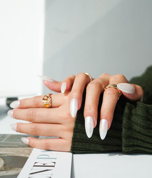 Clean Pearl press-on nail set — white chrome nails design, hand-painted with real gel polish