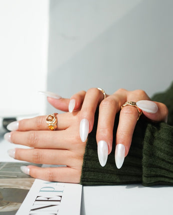 Clean Pearl press-on nail set — white chrome nails design, hand-painted with real gel polish