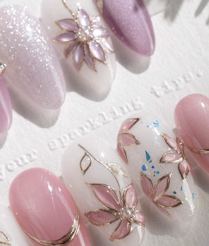 Clematis-Visionaria handmade press-on nails featuring Elegant Taro Purple, Hand-painted Clematis & Delicate Bow.
