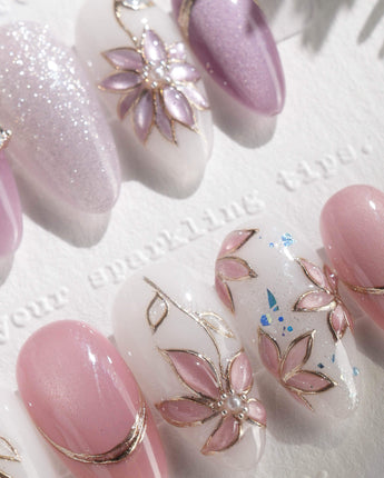 Clematis-Visionaria handmade press-on nails featuring Elegant Taro Purple, Hand-painted Clematis & Delicate Bow.