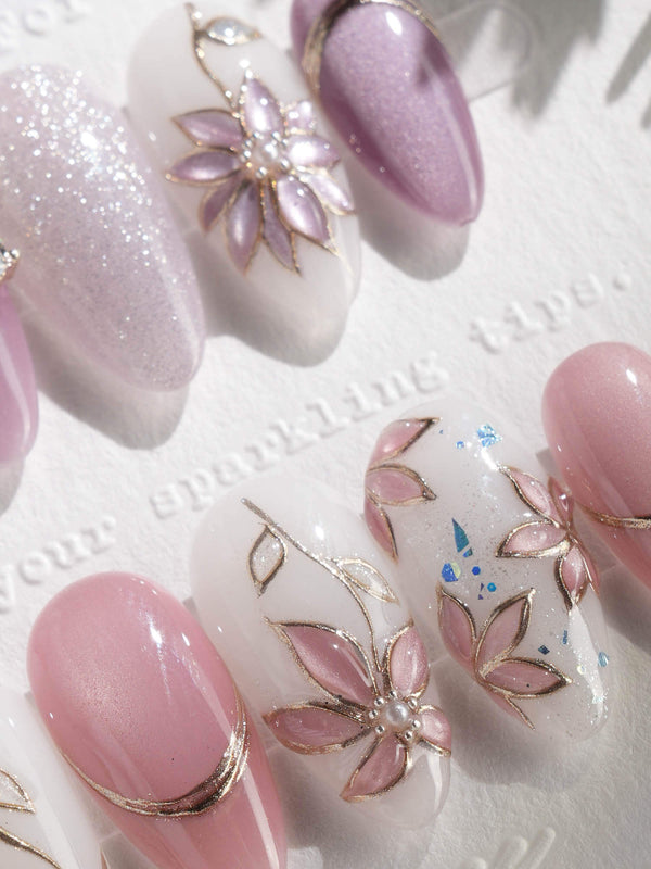 Clematis-Visionaria handmade press-on nails featuring Elegant Taro Purple, Hand-painted Clematis & Delicate Bow.