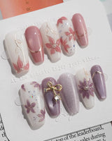Clematis-Visionaria press-on nails in medium coffin shape — Elegant Taro Purple, Hand-painted Clematis & Delicate Bow.