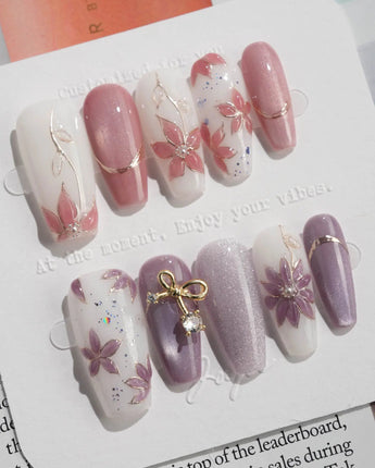 Clematis-Visionaria press-on nails in medium coffin shape — Elegant Taro Purple, Hand-painted Clematis & Delicate Bow.