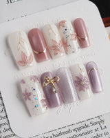 Clematis-Visionaria press-on nails in medium square shape — Elegant Taro Purple, Hand-painted Clematis & Delicate Bow.