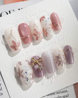 Clematis-Visionaria press-on nails in short coffin shape — Elegant Taro Purple, Hand-painted Clematis & Delicate Bow.