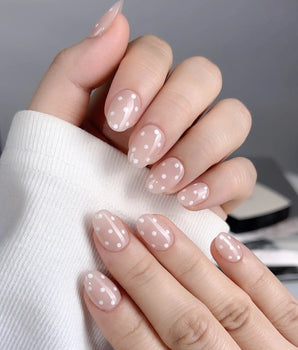 Cloud Cream-Mini press-on nail set — Peach Nude, Sweet White Polka Dots. design, hand-painted with real gel polish