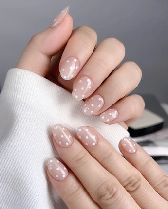 Cloud Cream-Mini press-on nail set — Peach Nude, Sweet White Polka Dots. design, hand-painted with real gel polish
