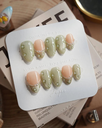 Clover Field nails in extra short almond — Fresh Grass Green, Hand-painted