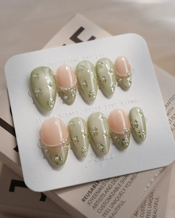 Clover Field nails in medium almond — Fresh Grass Green, Hand-painted