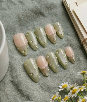 Clover Field handmade press-on nails featuring Fresh Grass Green, Hand-painted Metallic Florals & French Pearl Outlines.