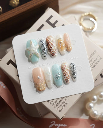 Coastline Edit Medium Coffin press on nails, handmade custom nails by Joyeenails