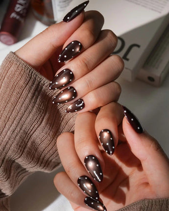 Cocoa Dot Short Almond polka dot press on nails with brown cat eye dot handmade nail art - image 5
