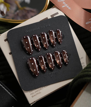 Cocoa Dot Short Almond polka dot press on nails with brown cat eye dot handmade nail art - image 2