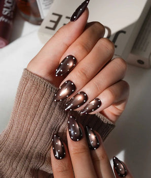 Cocoa Dot Short Almond polka dot press on nails with brown cat eye dot handmade nail art - image 1