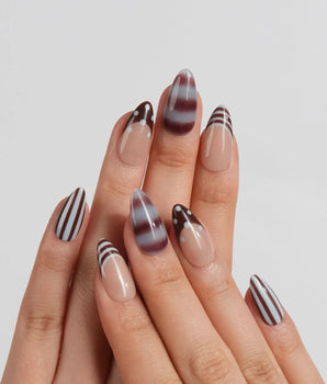 Cocoa Dot skittle nail set with brown-on-blue dots and cream chocolate stripes