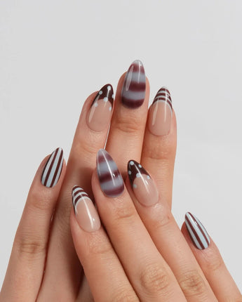 Cocoa Dot skittle nail set with brown-on-blue dots and cream chocolate stripes