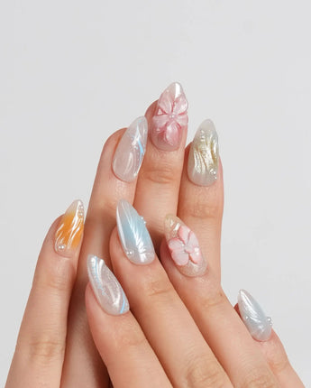 Color Rush press-on nails in short almond shape — Aurora Glaze Style, 3D Smudged Florals & Fluid Water Ripples.