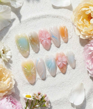 Color Rush handmade press-on nails featuring Aurora Glaze Style, 3D Smudged Florals & Fluid Water Ripples.