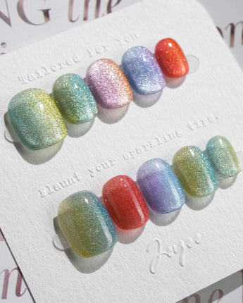 Colored Stone press-on nails in extra short squoval shape — Colorful Cat Eye Nails