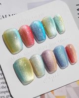 Colored Stone press-on nails in short coffin shape — Colorful Cat Eye Nails