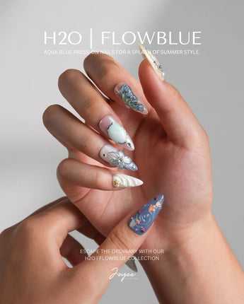 Como Blue nail art close-up showing Pearly Pastels, 3D Butterfly & Goldfish. details