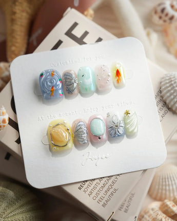 Como Blue extra short square nails with butterfly ripple art and serene blue pastels