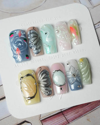 Como Blue medium square nails with Lake Como blue ripples, koi, and butterfly accents