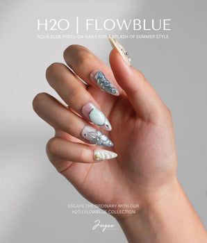 Como Blue handmade press-on nails featuring Pearly Pastels, 3D Butterfly & Goldfish.