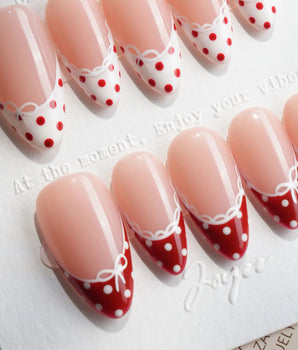 Coquette Dot Medium Almond press on nails, handmade custom nails by Joyeenails