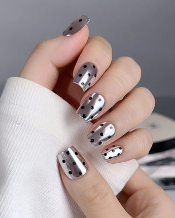 Cosmo Dots press-on nail set — Silver Metallic Chrome, Retro Black Polka Dots design, hand-painted with real gel polish