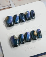 Cosmoseek press-on nails — Deep Blue Galaxy Cat-eye, 3D Planets & Stars. handmade nail art by Joyee Nails
