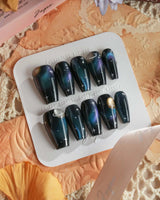 Cosmoseek press-on nails — Deep Blue Galaxy Cat-eye, 3D Planets & Stars. handmade nail art by Joyee Nails
