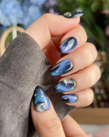 Cosmoseek press-on nails — Deep Blue Galaxy Cat-eye, 3D Planets & Stars. handmade nail art by Joyee Nails