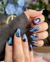 Cosmoseek press-on nail set — Deep Blue Galaxy Cat-eye, 3D Planets & Stars. design, hand-painted with real gel polish
