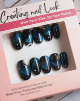 Cosmoseek press-on nails — Deep Blue Galaxy Cat-eye, 3D Planets & Stars. handmade nail art by Joyee Nails