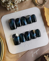 Cosmoseek press-on nails — Deep Blue Galaxy Cat-eye, 3D Planets & Stars. handmade nail art by Joyee Nails