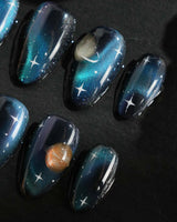 Cosmoseek nail art close-up showing Deep Blue Galaxy Cat-eye, 3D Planets & Stars. details