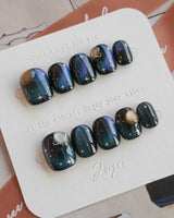 Cosmoseek press-on nails — Deep Blue Galaxy Cat-eye, 3D Planets & Stars. handmade nail art by Joyee Nails