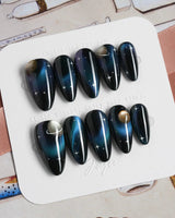 Cosmoseek press-on nails — Deep Blue Galaxy Cat-eye, 3D Planets & Stars. handmade nail art by Joyee Nails