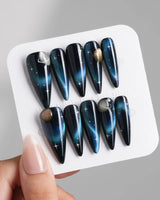 Cosmoseek press-on nails — Deep Blue Galaxy Cat-eye, 3D Planets & Stars. handmade nail art by Joyee Nails
