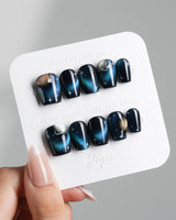 Cosmoseek press-on nails — Deep Blue Galaxy Cat-eye, 3D Planets & Stars. handmade nail art by Joyee Nails