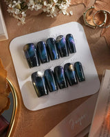 Cosmoseek press-on nails — Deep Blue Galaxy Cat-eye, 3D Planets & Stars. handmade nail art by Joyee Nails