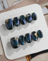 Cosmoseek press-on nails — Deep Blue Galaxy Cat-eye, 3D Planets & Stars. handmade nail art by Joyee Nails