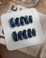 Cosmoseek press-on nails in short coffin shape — Deep Blue Galaxy Cat-eye, 3D Planets & Stars.