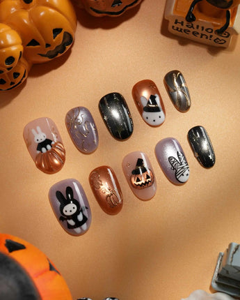 Costume Miffy Halloween press on nails with a bunny in witch hat, bat wings and mummy costume, 3D copper pumpkin and gold stars - image 4