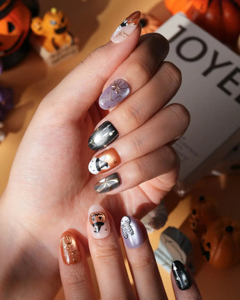 Costume Miffy Halloween press on nails with a bunny in witch hat, bat wings and mummy costume, 3D copper pumpkin and gold stars - image 3