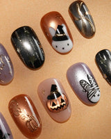 Costume Miffy Halloween press on nails with a bunny in witch hat, bat wings and mummy costume, 3D copper pumpkin and gold stars - image 2