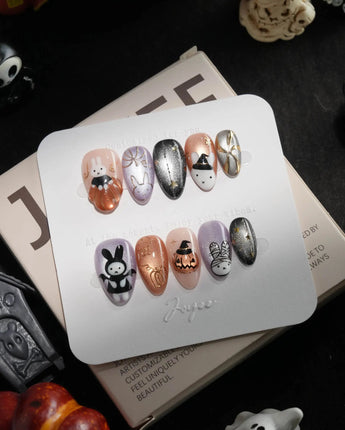 Costume Miffy handmade press-on nails in extra short almond shape by Joyee Nails