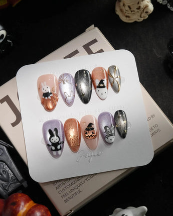 Costume Miffy handmade press-on nails in short almond shape by Joyee Nails